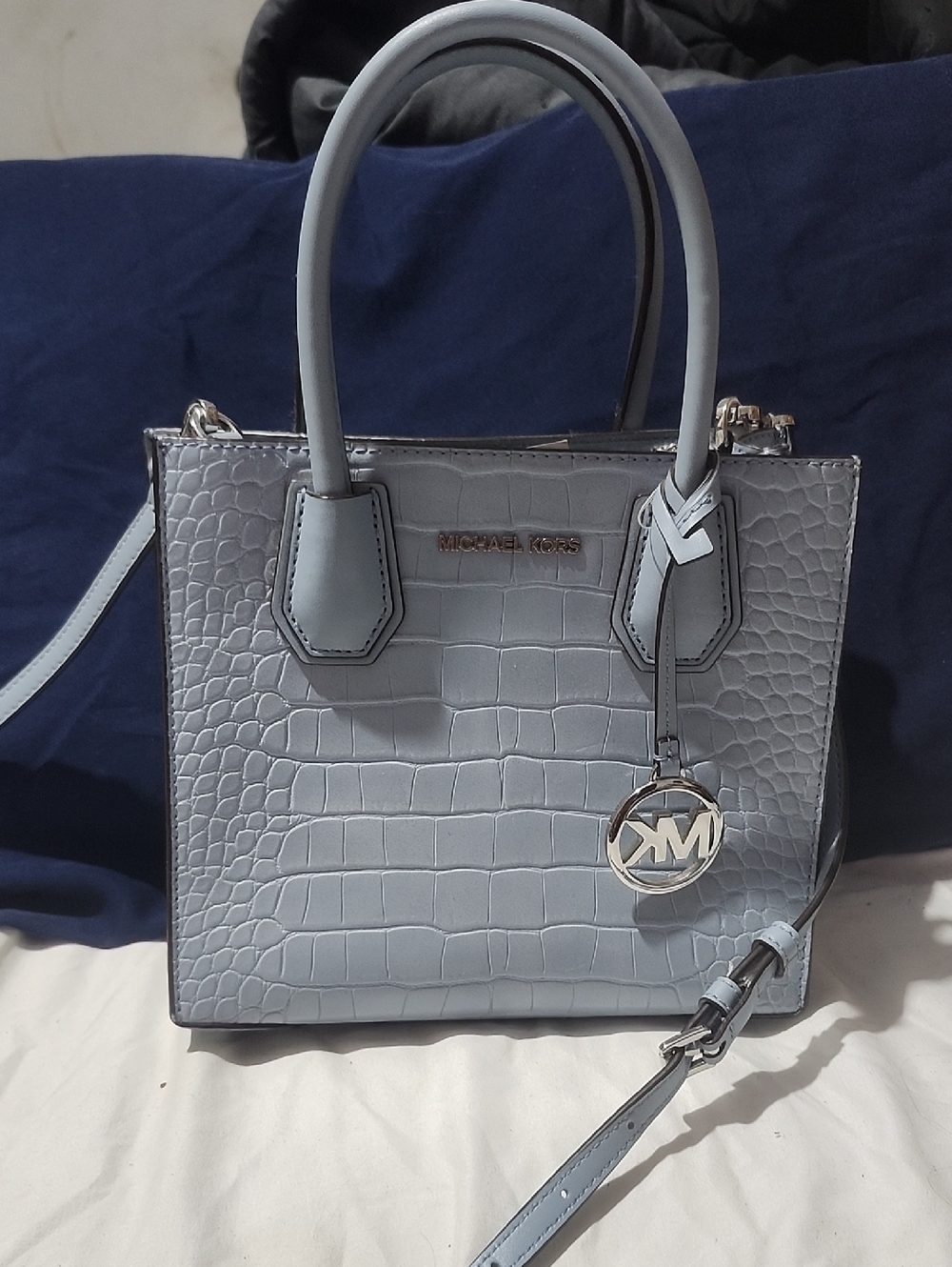 Michael Kors Pale Blue Croc-Embossed Satchel with MK Charm